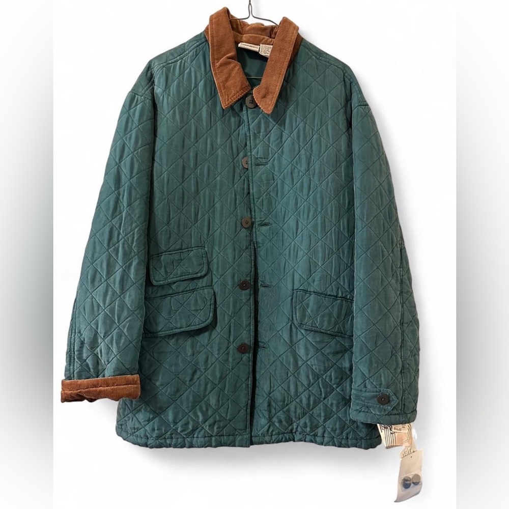 Quilted Green Jacket with Brown Corduroy Collar